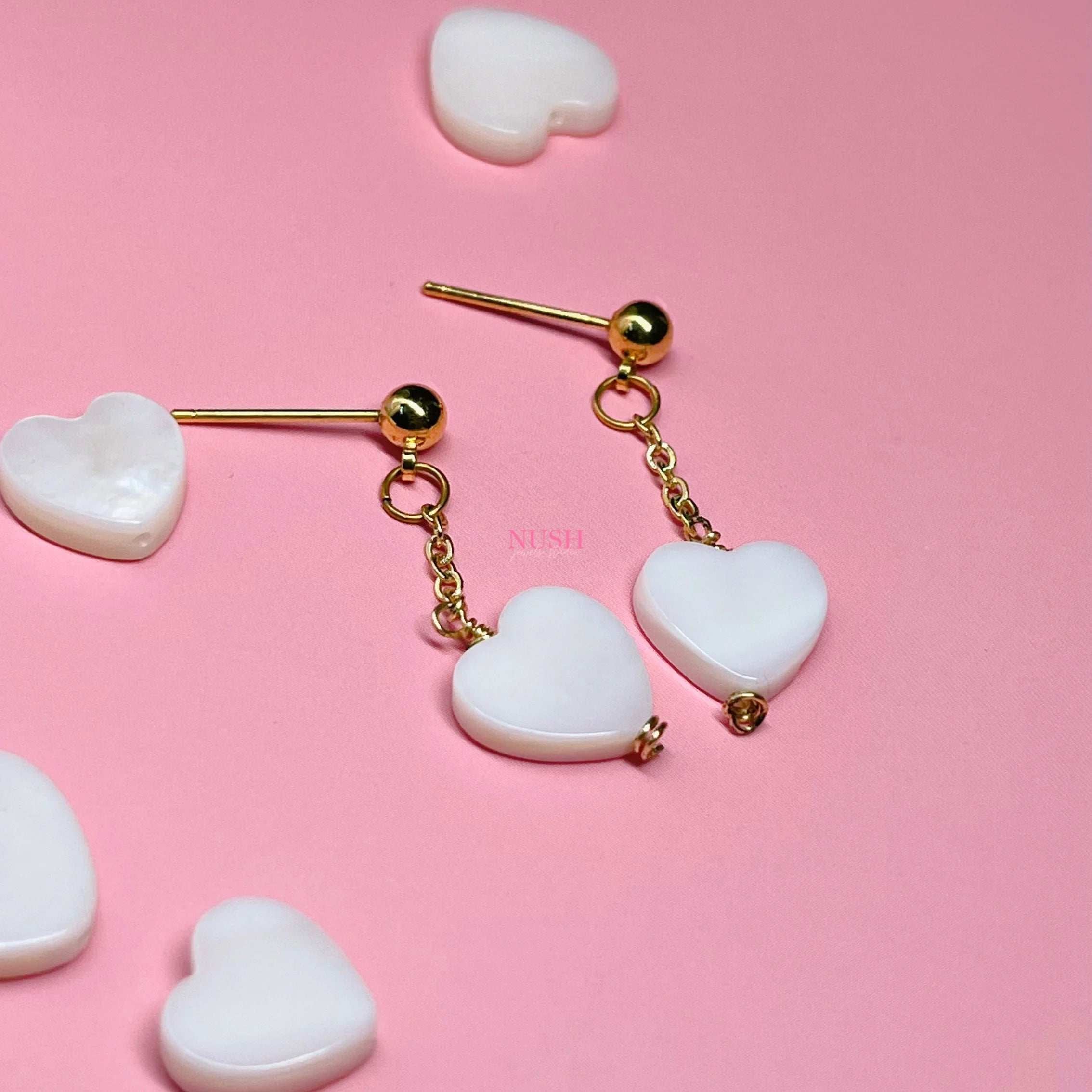 Heart studs with chain (shell bead hearts)