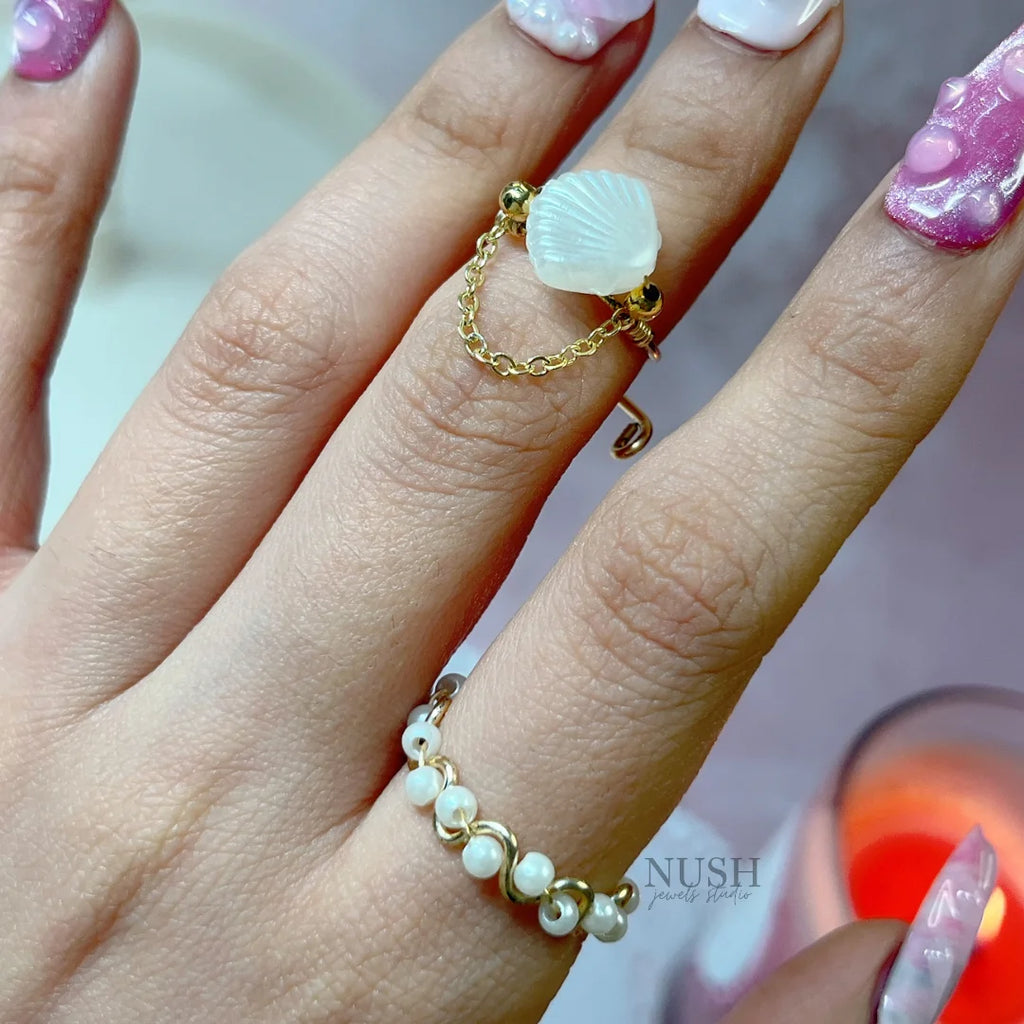 Pearl wave & shell rings (adjustable size)