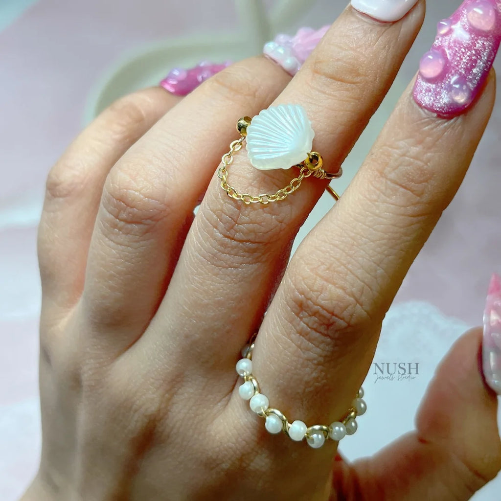 Pearl wave & shell rings (adjustable size)